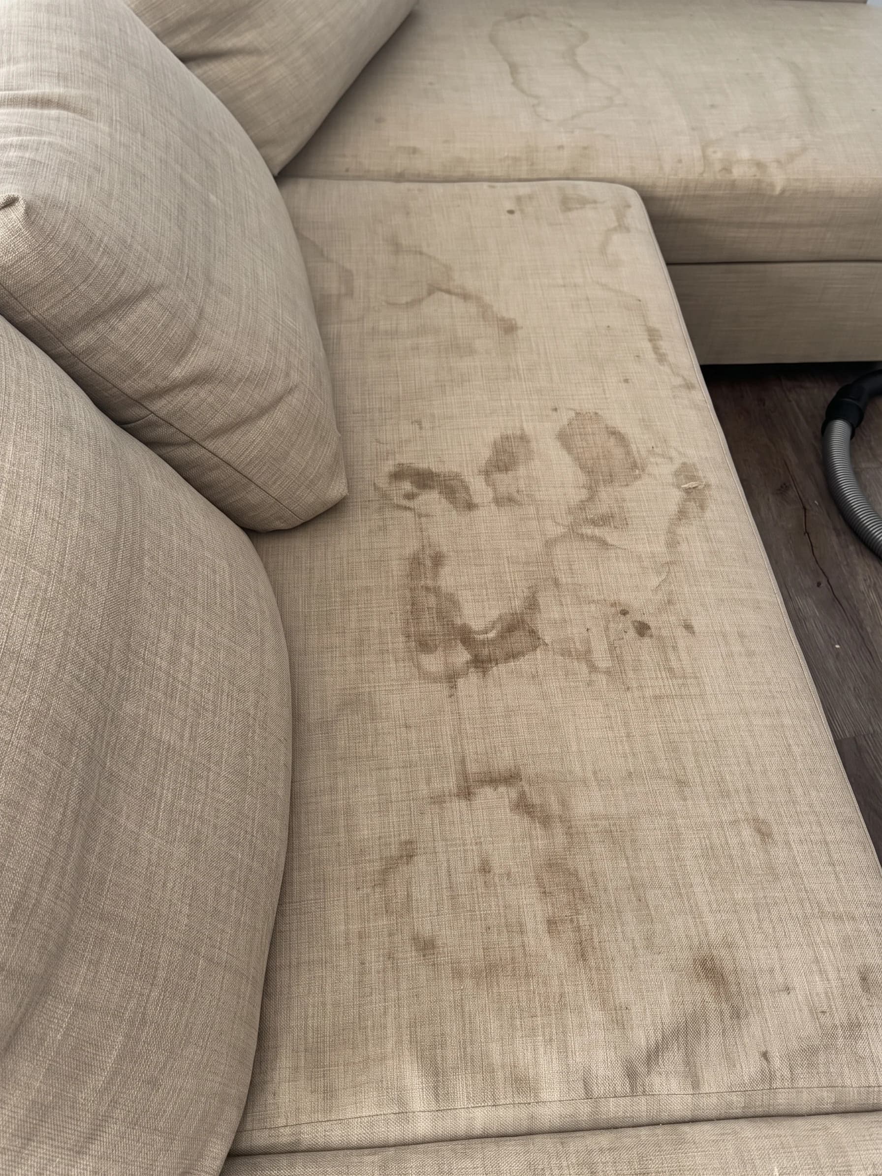 Sofa before cleaning showing visible soiling