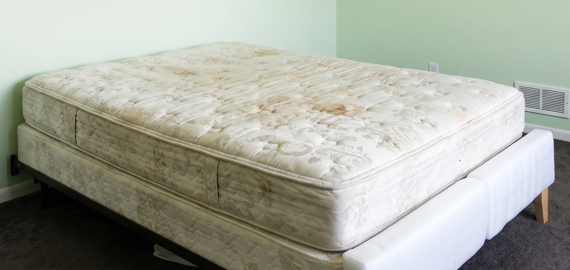 Matelas avec plusieurs taches anciennes d'urine et de transpiration avant nettoyage professionnel